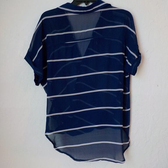 Papaya Blue Stripes Wrap Top Blouse High Low Hem Women size Medium Sheer Coastal - Picture 10 of 10
